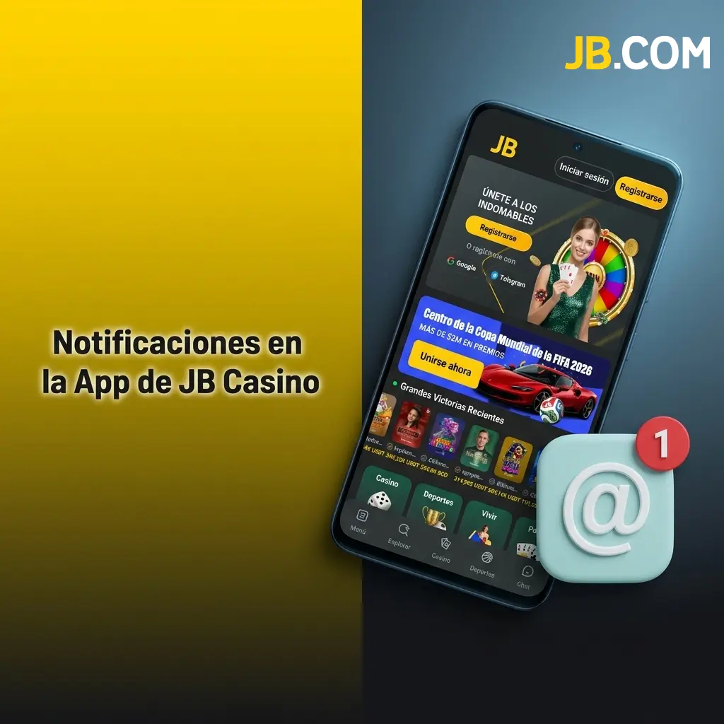 Pantalla de configuración de notificaciones push en la app de JB Casino con opciones de depósito, apuestas y eventos